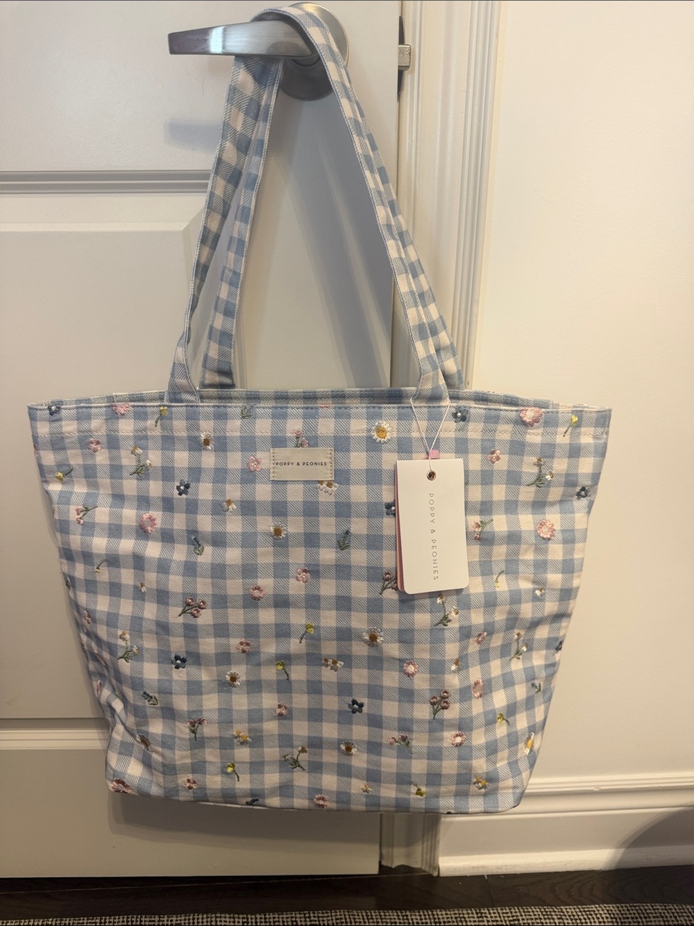 Poppy & Peonies Light Blue Gingham Floral Tote